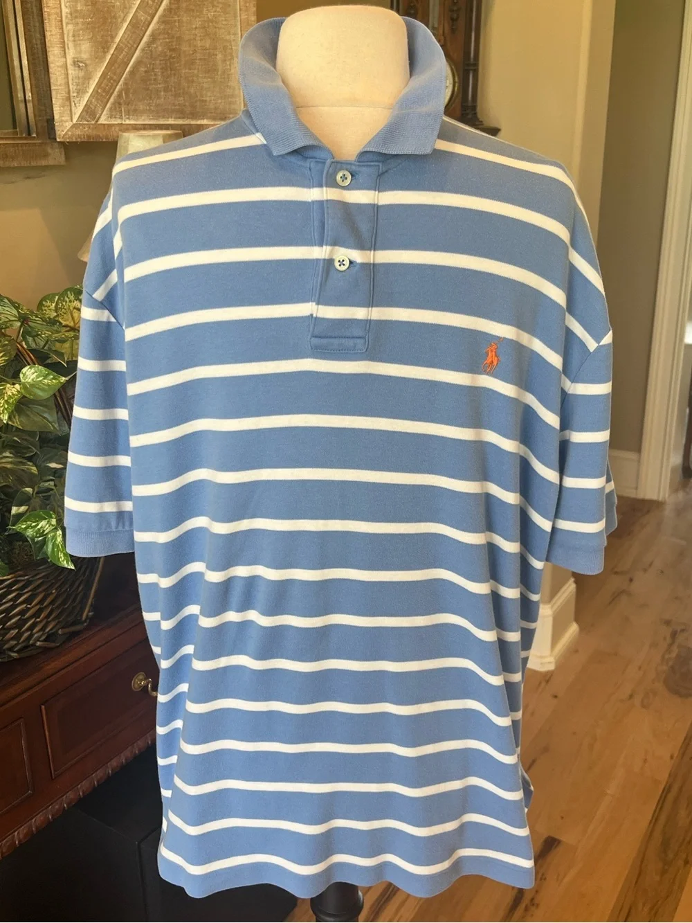 Polo Ralph Lauren Soft Cotton Knit Blue and White Striped Polo Shirt